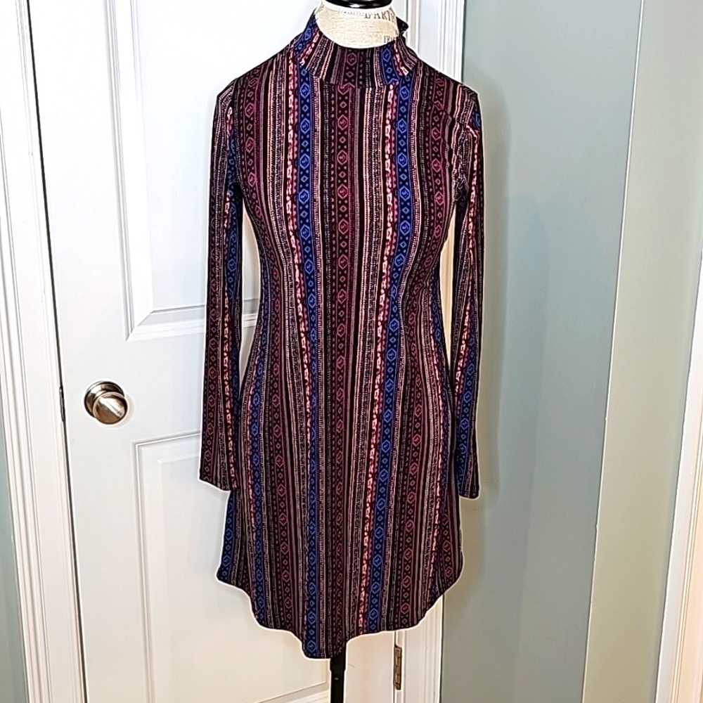 BCBGeneration Maroon & Blue Striped Pattern Long-Sleeve Mini Dress - Size Small - Picture 3 of 7